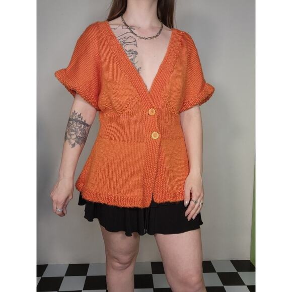 Handmade Bright Vibrant Orange Chunky Knit Button Up Short Sleeve Sweater Sz Med - Picture 2 of 6